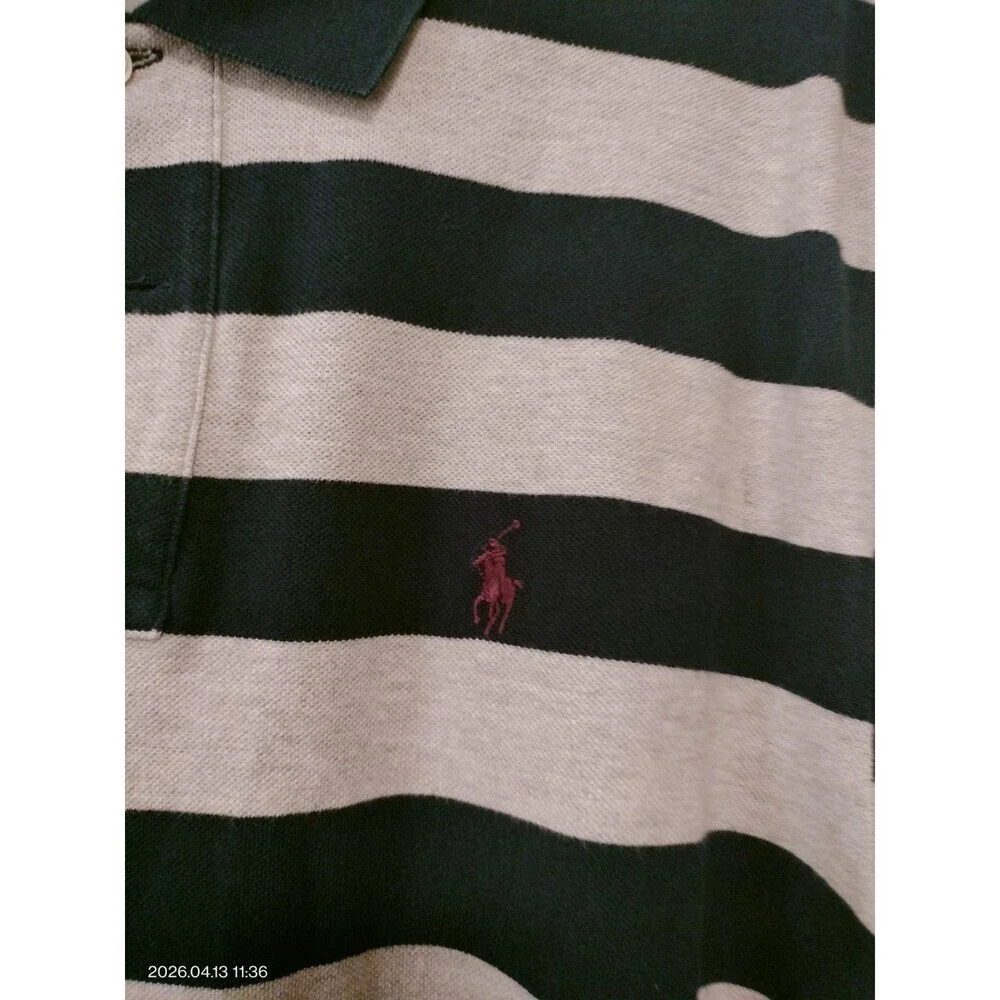 Polo Ralph Lauren Mens Shirt XLarge Custom Fit Gray Dark Blue Striped Logo D135